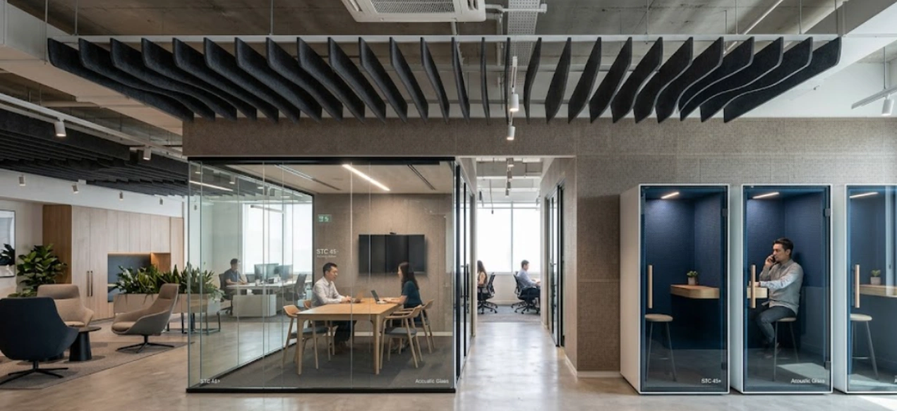 Acoustic office design with glass meeting pods and ceiling baffles