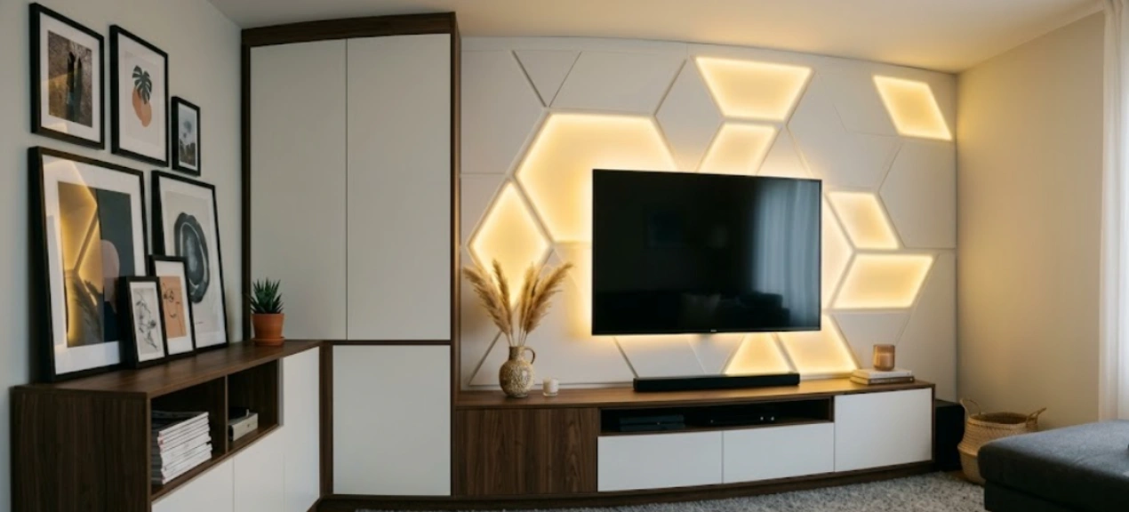 Backlit geometric gypsum and acrylic TV panel with recessed warm LED strips
