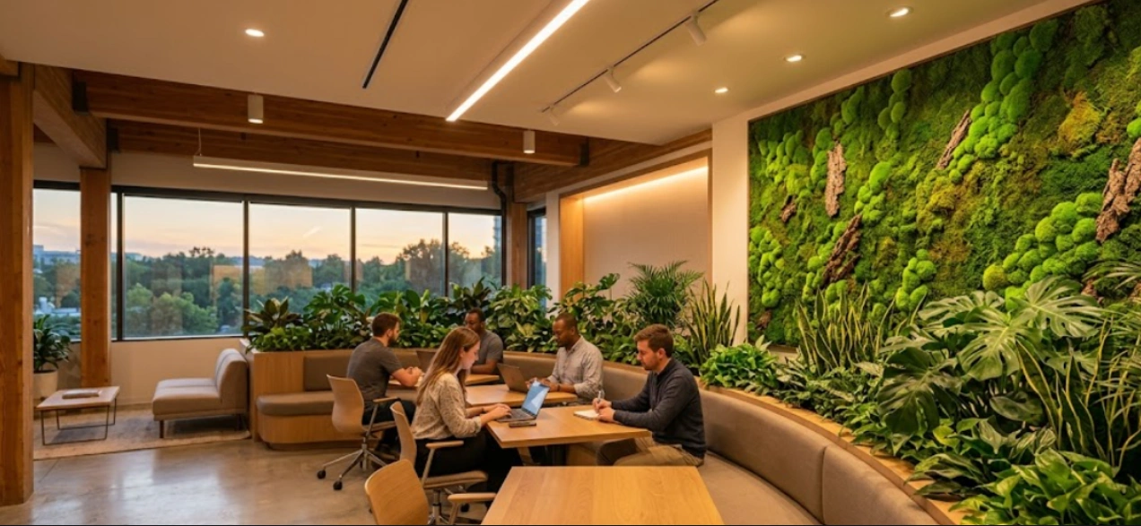 Biophilic office breakout with a living green wall and natural materials