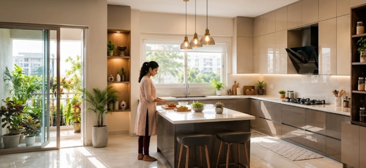 Budget modular kitchen with quartz counter and high-suction chimney as the top priority zone