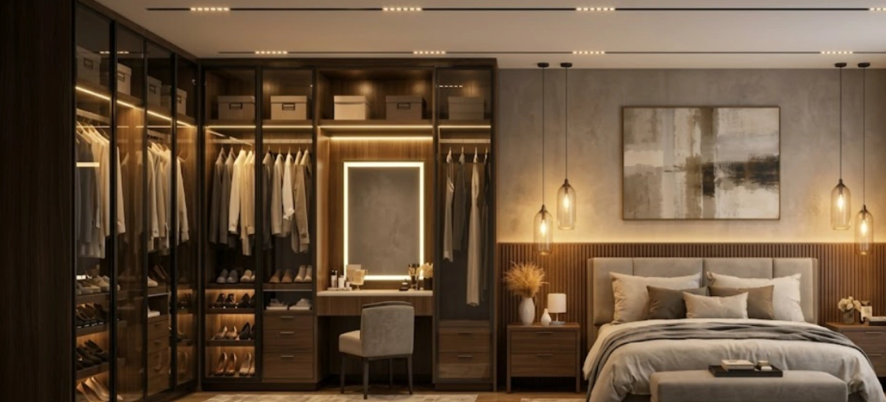 Full-height master bedroom wardrobe with loft storage in a budget interior package