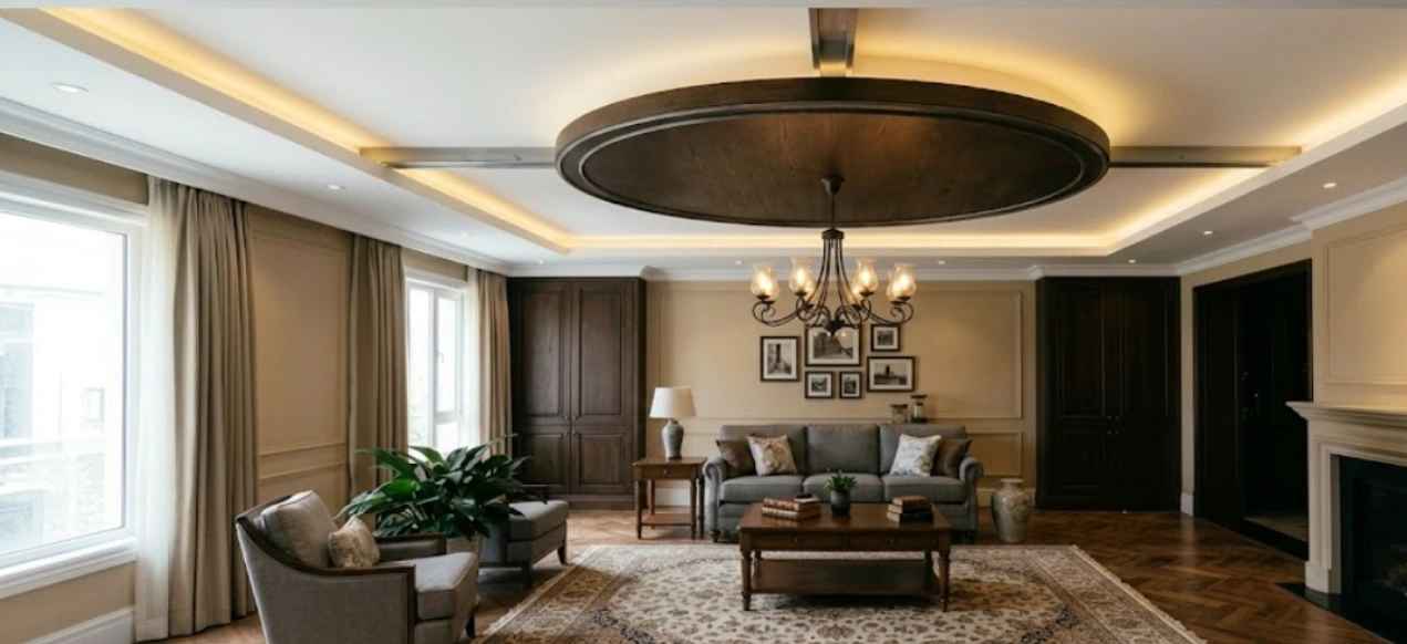 Floating island panel false ceiling with a large suspended disc over a living room