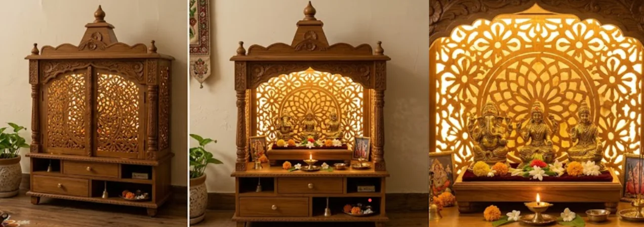 CNC backlit jaali screen mandir enclosure with warm diffused acrylic panels
