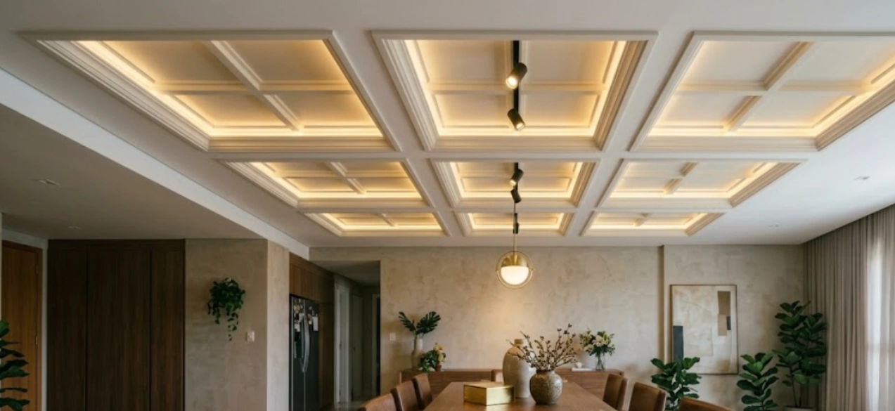 Modern coffered shallow grid false ceiling with warm perimeter cove lighting