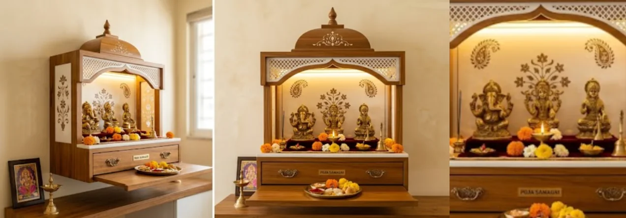 Sleek Corian and wood inlay temple unit with etched religious motifs