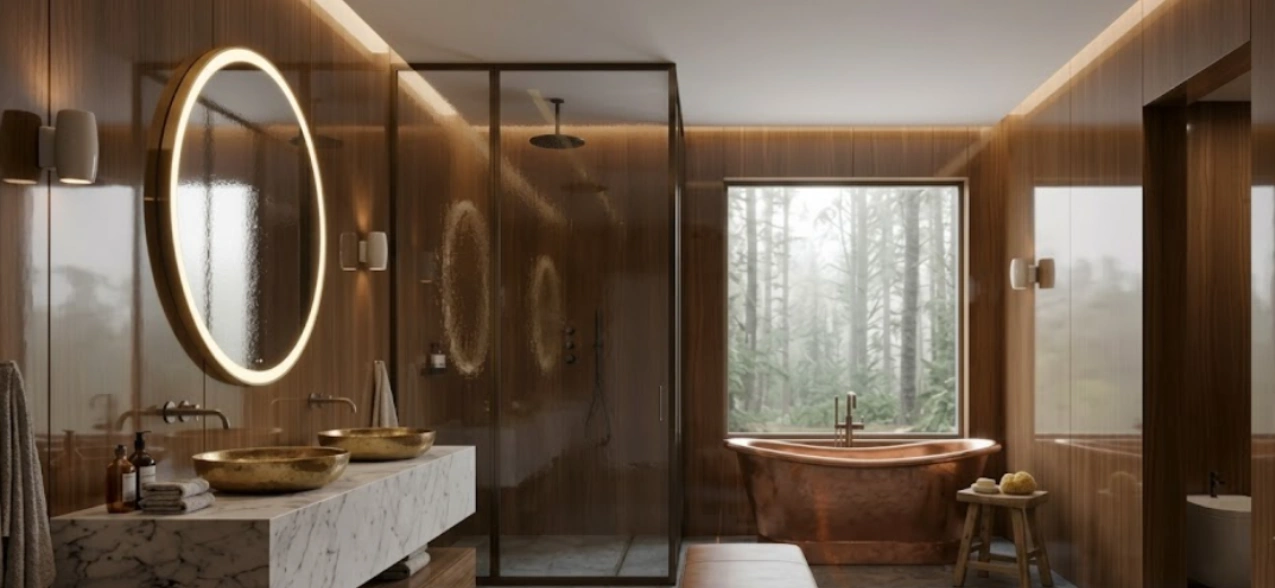 High-gloss reflective dark bathroom wall panels with a backlit oval mirror