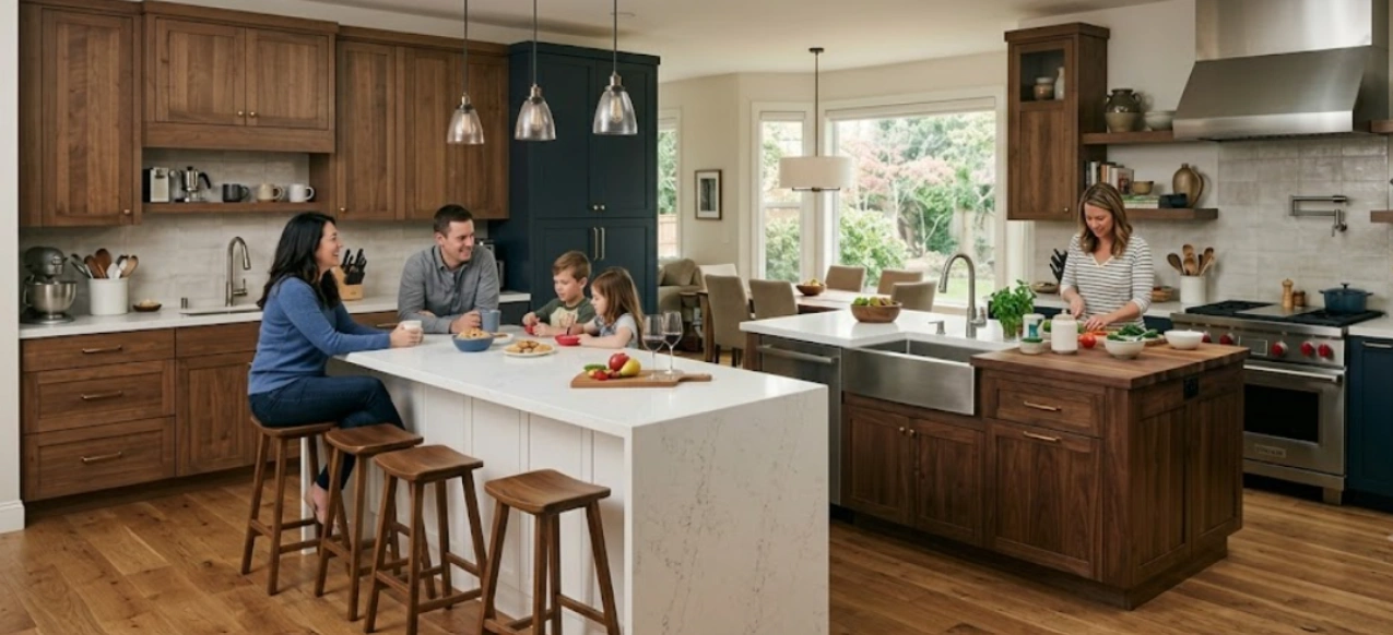 Double island western kitchen layout with seating and a separate prep zone