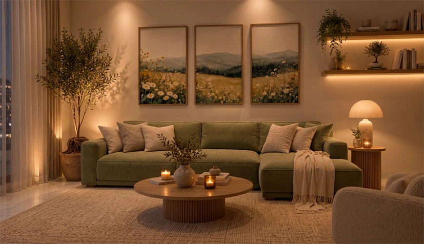 Biophilic drawing room with smoked oak fluting, linen upholstery and large indoor plants