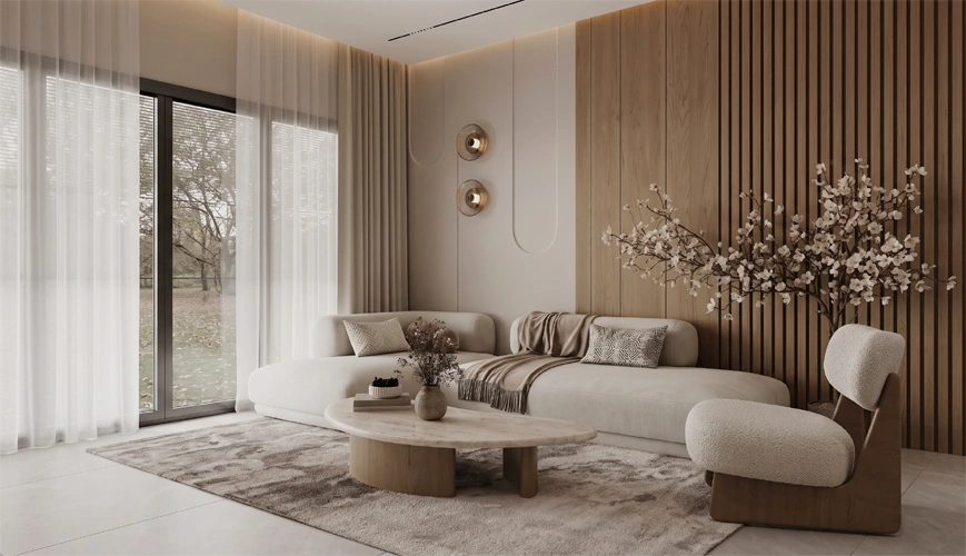 Contemporary European luxury drawing room with bookmatched stone cladding and brass profiles