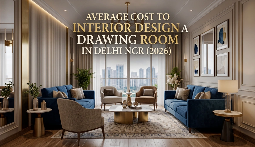 Turnkey drawing room interior with false ceiling, panelling and custom furniture in Delhi NCR
