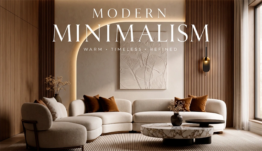 Warm minimalist drawing room with a cream sectional sofa and a travertine coffee table