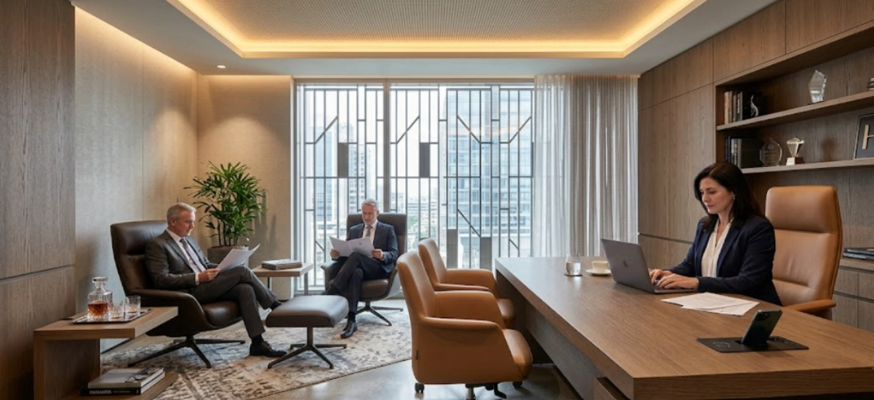 Executive cabin office interior with veneer desk and lounge seating