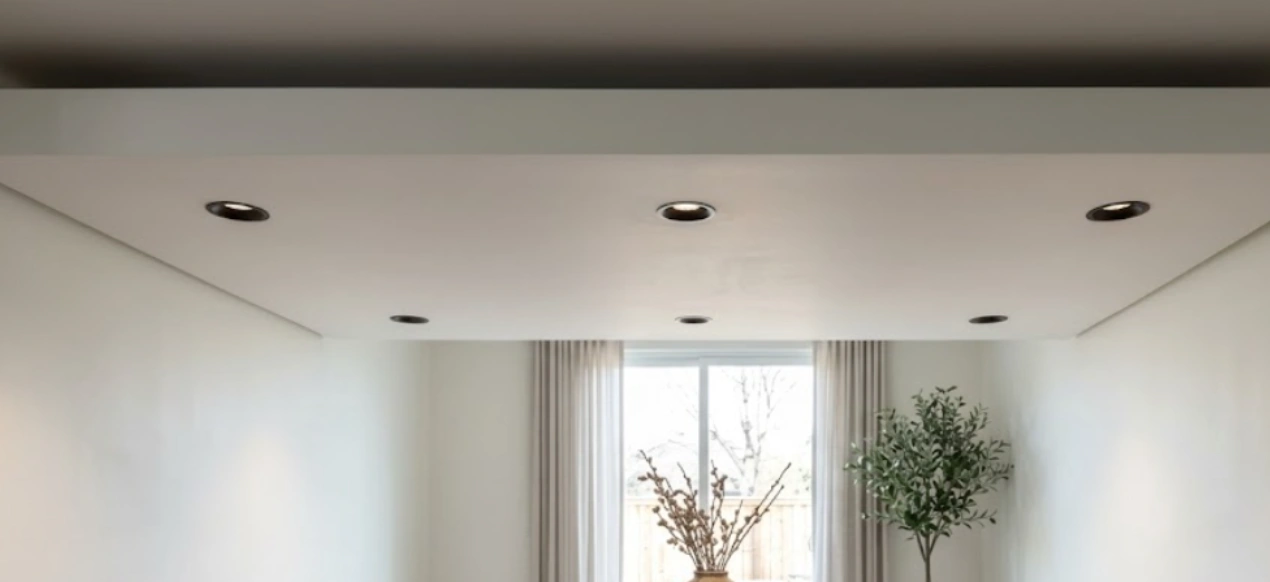 Seamless zero-drop flat gypsum ceiling with plaster-in trimless LED downlights