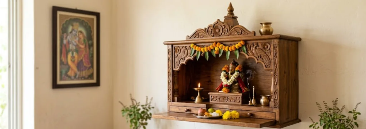 Floating wall-mounted pooja shrine with brass inlay borders and a drawer ledge