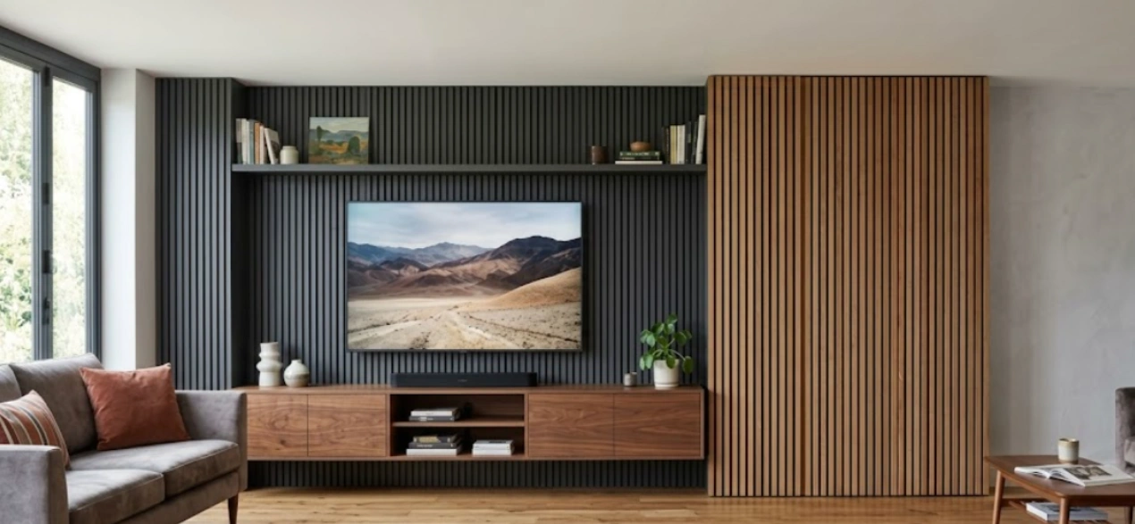 Full-height fluted charcoal and wood louver TV backdrop in a living room