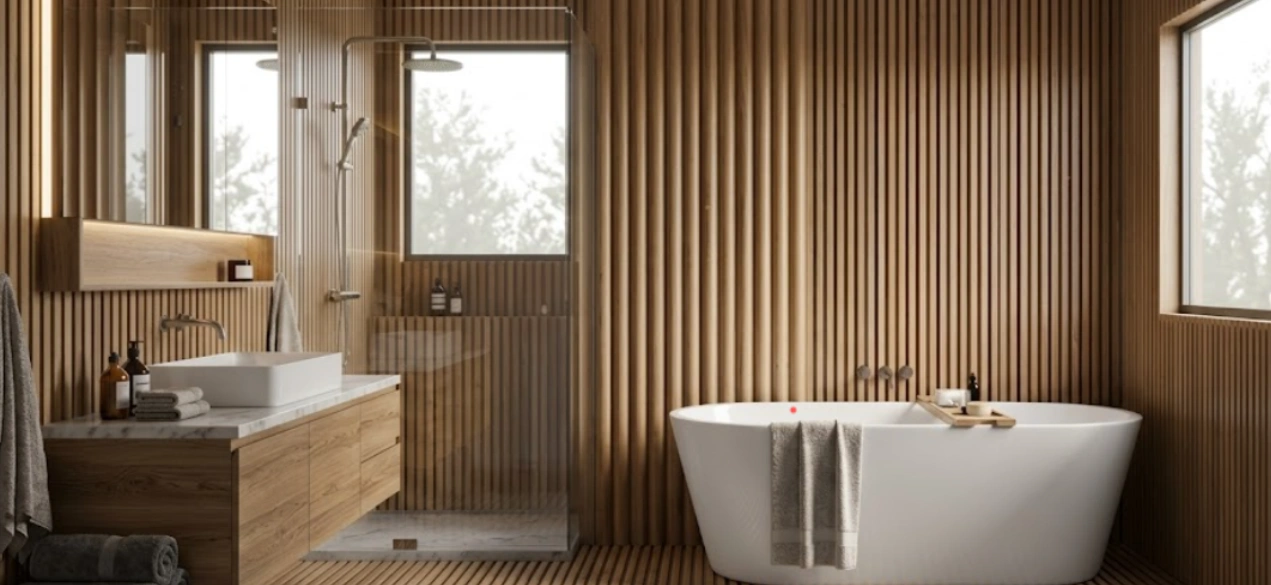 Vertical fluted and slatted bathroom wall panelling in warm timber tones