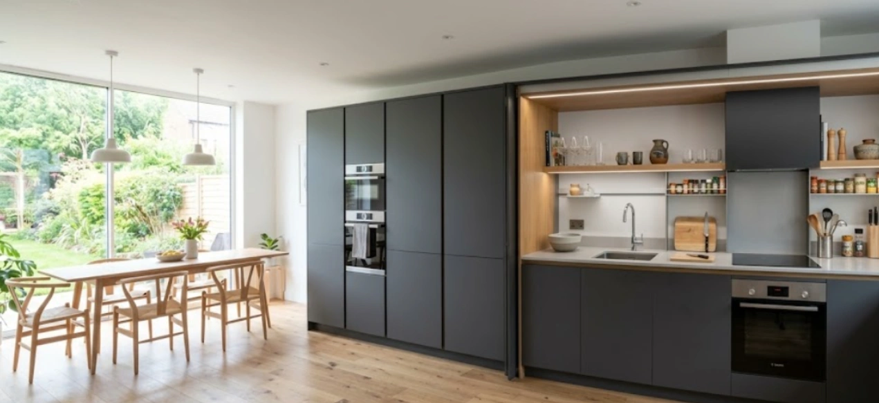 Handleless western kitchen with full-height graphite tall units and built-in ovens
