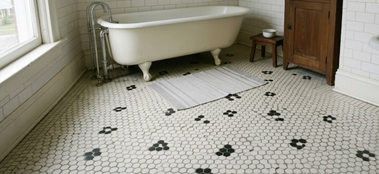Classic hexagonal honeycomb ceramic floor tiles with contrasting charcoal grout