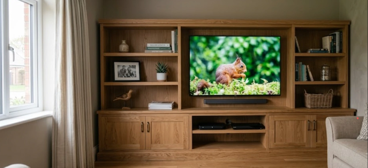Hybrid TV unit combining closed push-to-open cabinets with open display niches