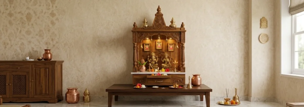 Hybrid teakwood and quartz mandir altar with a stain-proof sanctum platform