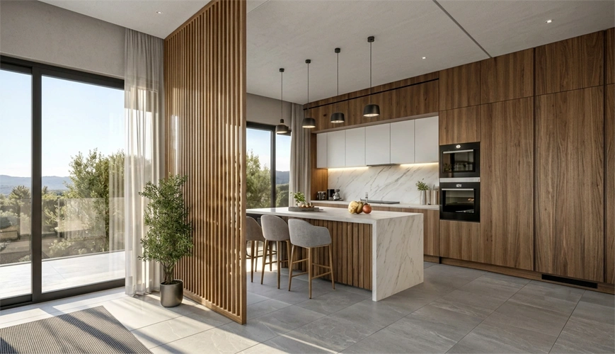 Kitchen partition design with slim aluminium framed fluted glass sliding panels
