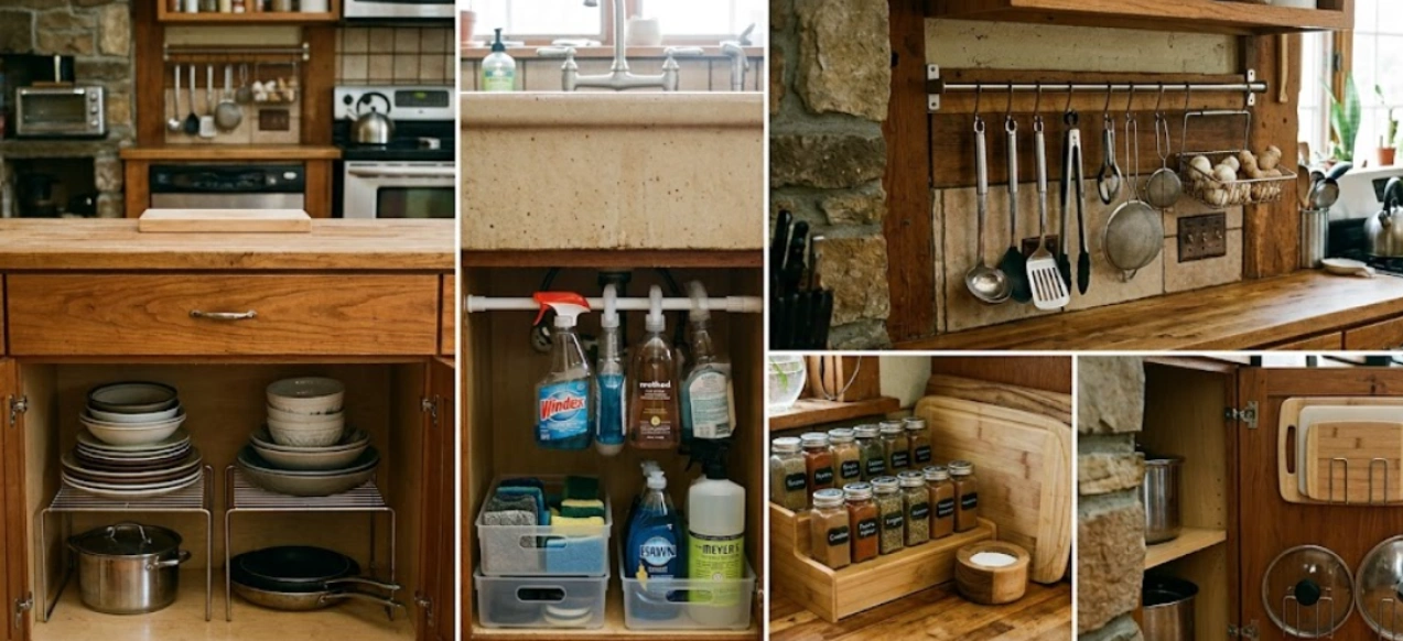 Wire racks, rails and tiered organizers adding storage to a non-modular kitchen