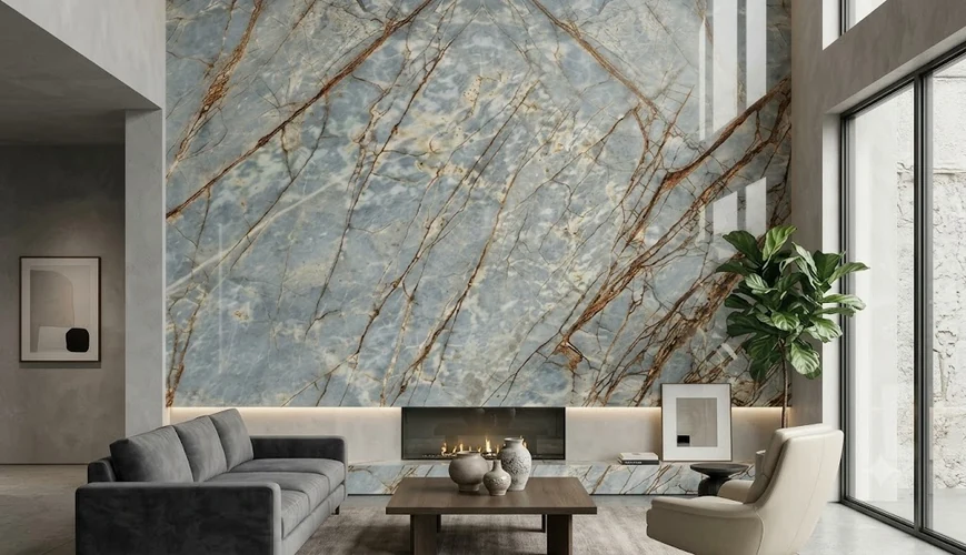 Bookmatched large-format porcelain sintered stone slab feature wall with gold veining