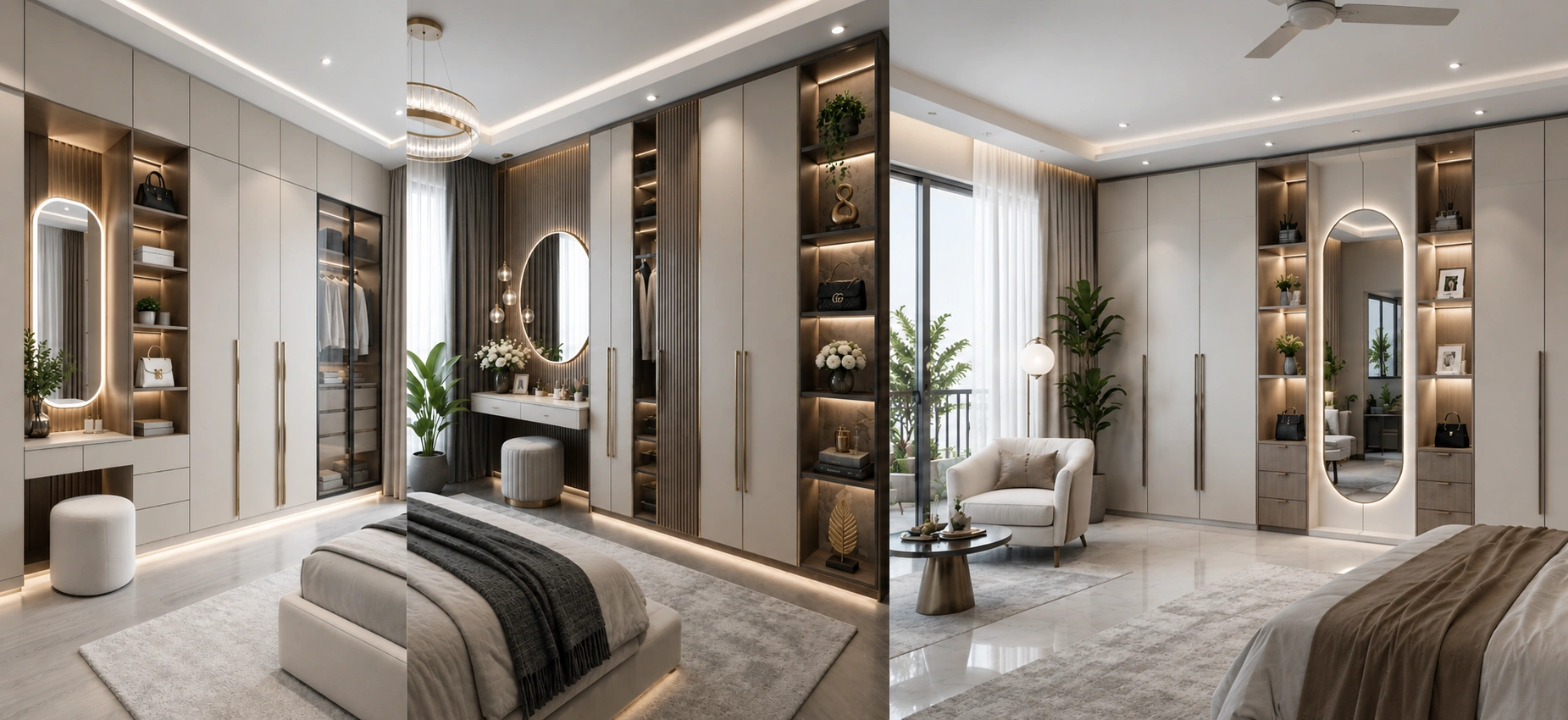 Latest wardrobe design in a Delhi NCR bedroom with fluted shutters