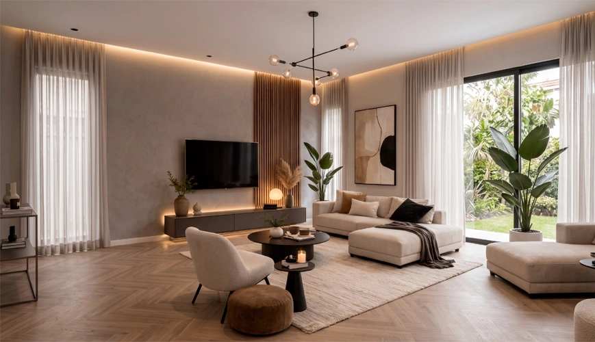 Contemporary European luxe living room with a full-slab sintered stone wall and brass trims