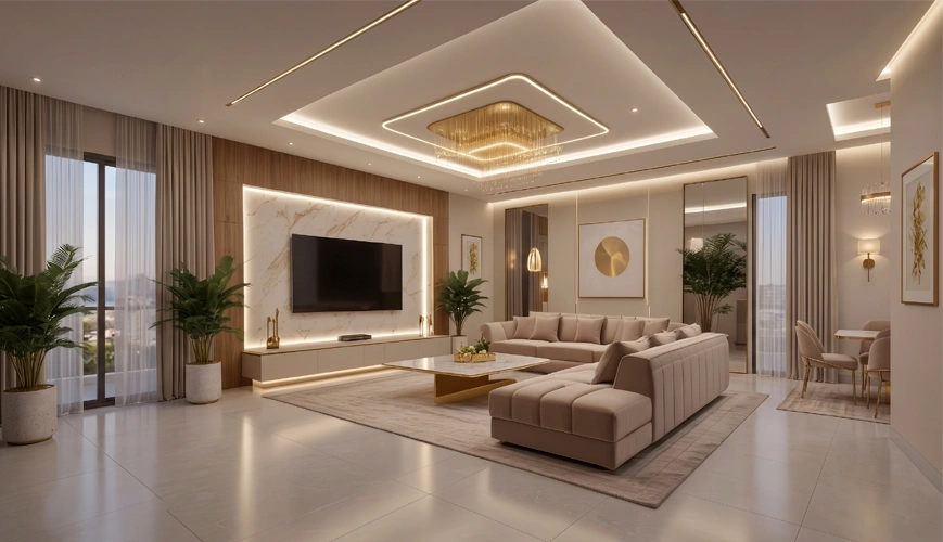 Peripheral floating cove false ceiling with concealed LED channels in a living room
