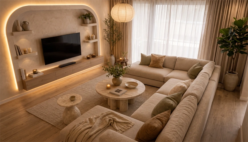 Modern warm minimalist living room with linen sofas and concealed storage walls