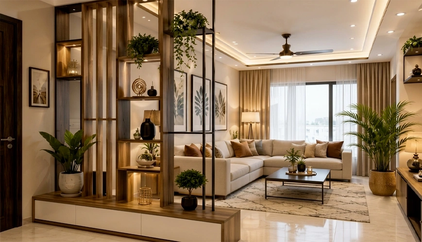 Living room partition with rotating vertical timber louvers and a two-way display credenza