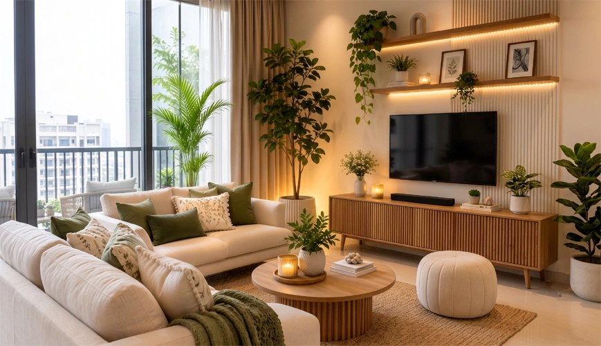 Scandinavian biophilic living room with pale oak louvers and clustered indoor plants