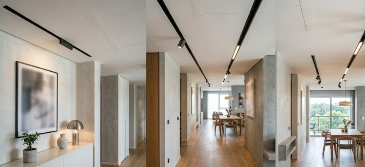 Magnetic track light recessed channels set flush into a flat gypsum ceiling