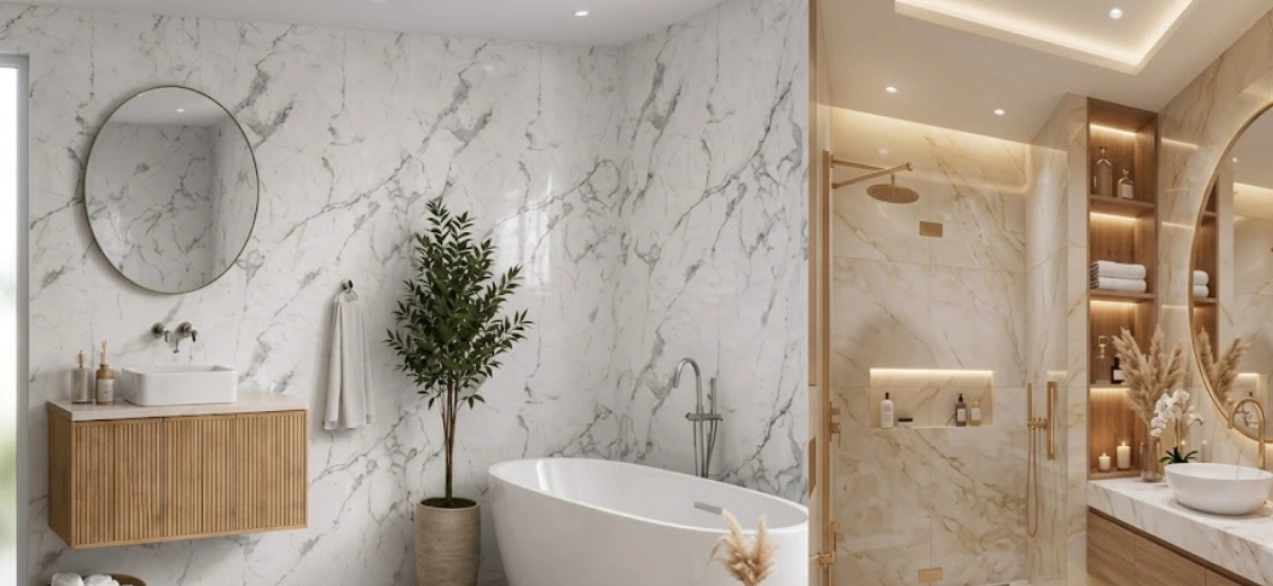 Marble-effect bathroom wall panels behind a freestanding tub and vanity