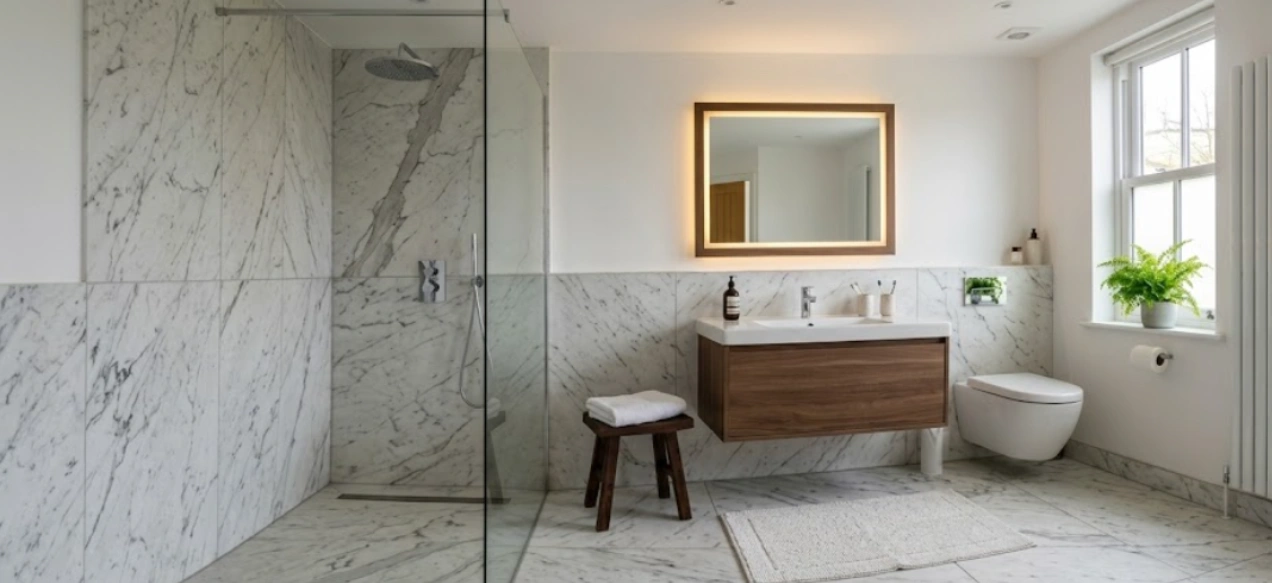 Marble-look porcelain bathroom flooring in an Indian home