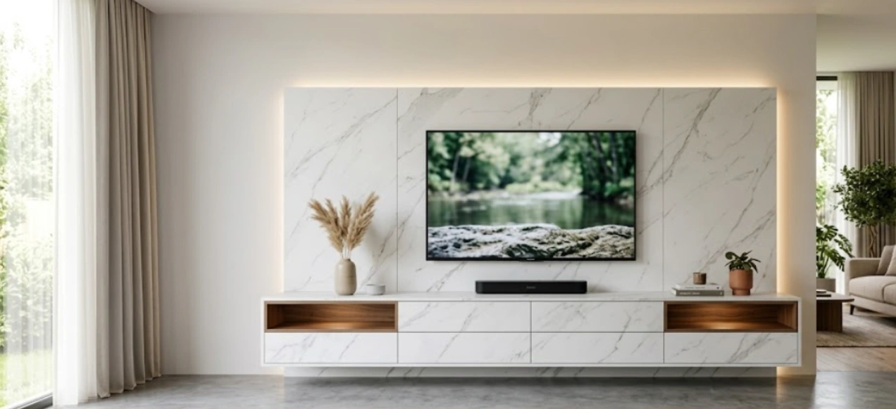 Large-format marble-effect sintered stone TV feature wall with perimeter backlighting