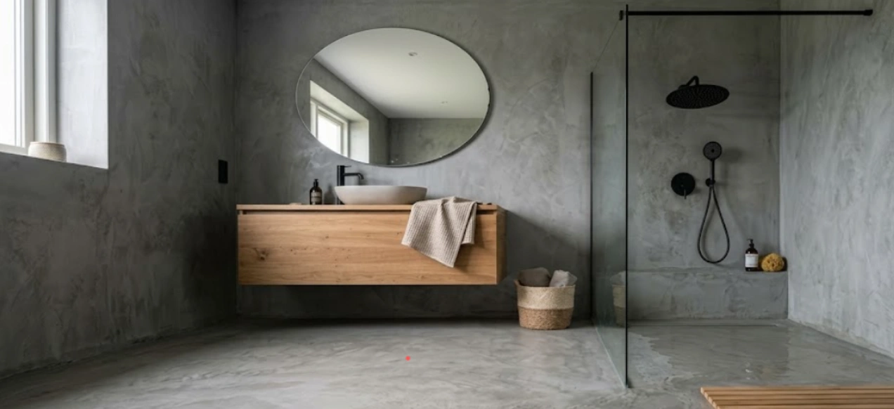 Seamless microcement bathroom flooring with a wooden vanity and walk-in shower