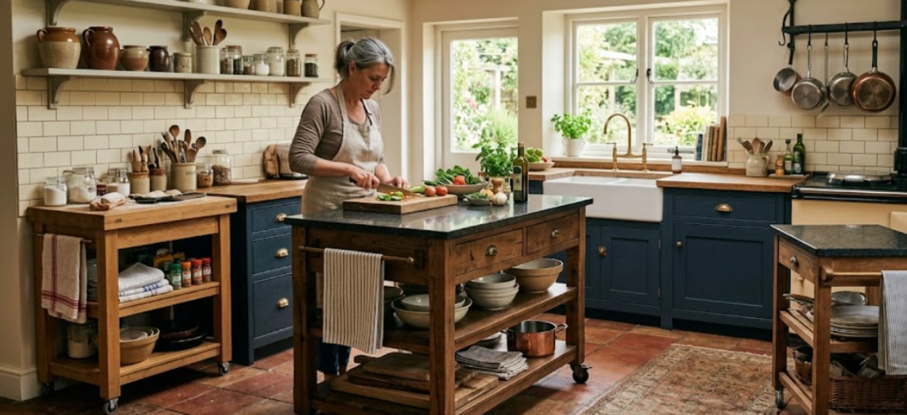 Mobile multi-tier kitchen trolley parked beside a fixed counter for extra prep space