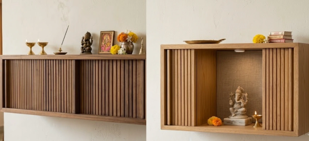 Minimalist fluted shutter mandir cabinet with pocket doors that tuck away