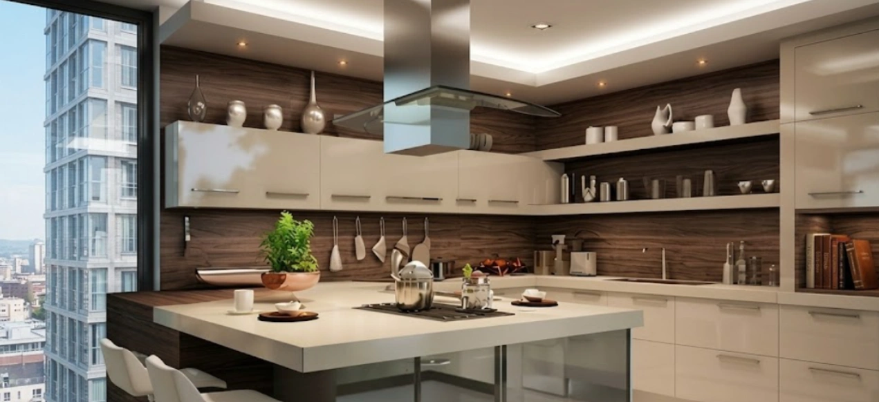 Modular kitchen design in a Delhi NCR apartment with handleless shutters and a tall unit