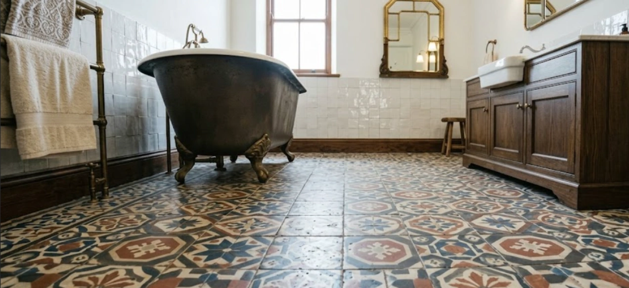 Geometric Moroccan encaustic pattern floor tiles in a bathroom with a copper tub