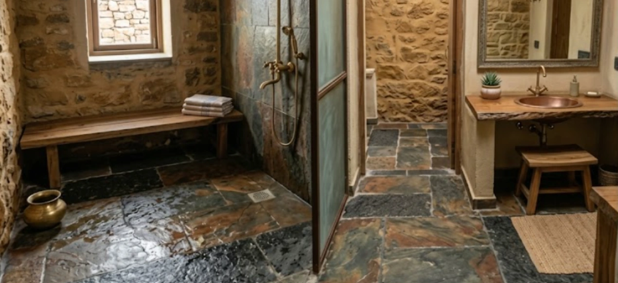 Natural Indian slate and flamed granite bathroom flooring in a stone-walled bathroom