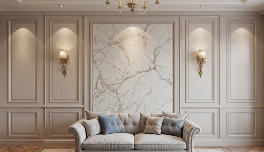 Neoclassical wainscoting and PU box moulding wall with symmetrical panels and wall sconces