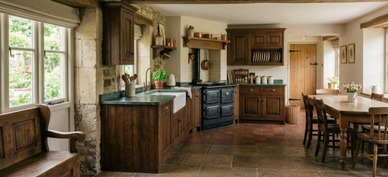 Organised non-modular kitchen with rails and open racks