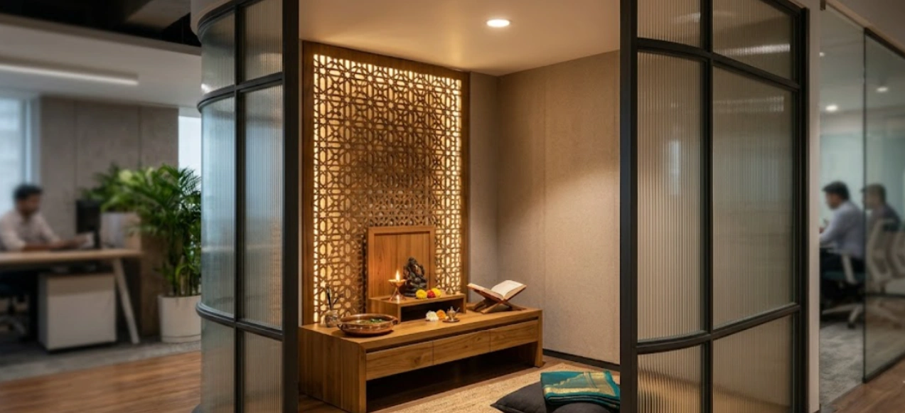 Screened prayer and wellness nook inside a corporate office floor