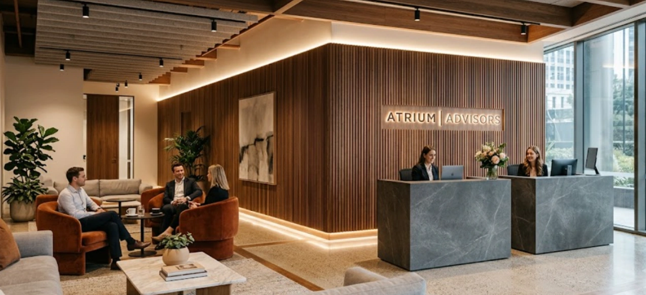 Hospitality-grade office reception with stone desk and fluted timber cladding