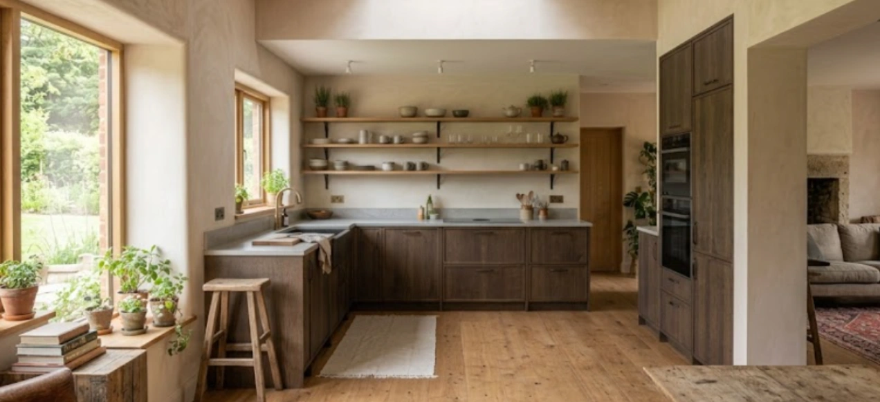 Open-ledge minimalist kitchen with water-sealed shelves and uniform storage bins