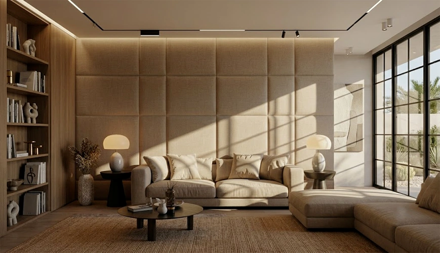 Padded acoustic fabric and suede inset wall panelling bordered with slim brass channels