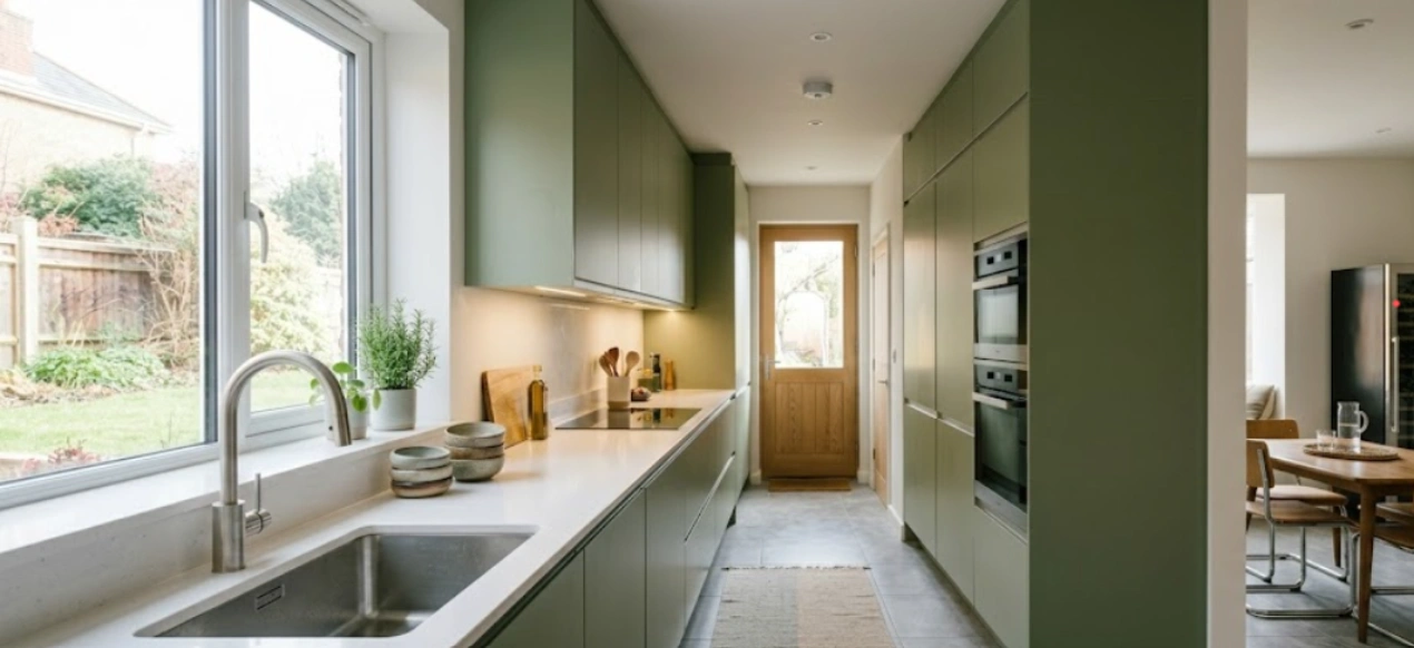 Parallel galley western kitchen in sage green with a run of base and tall units